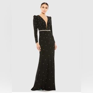 NEW Mac Duggal 67874 Black Jewel Encrusted Plunge Neck Long Sleeve Gown size 16